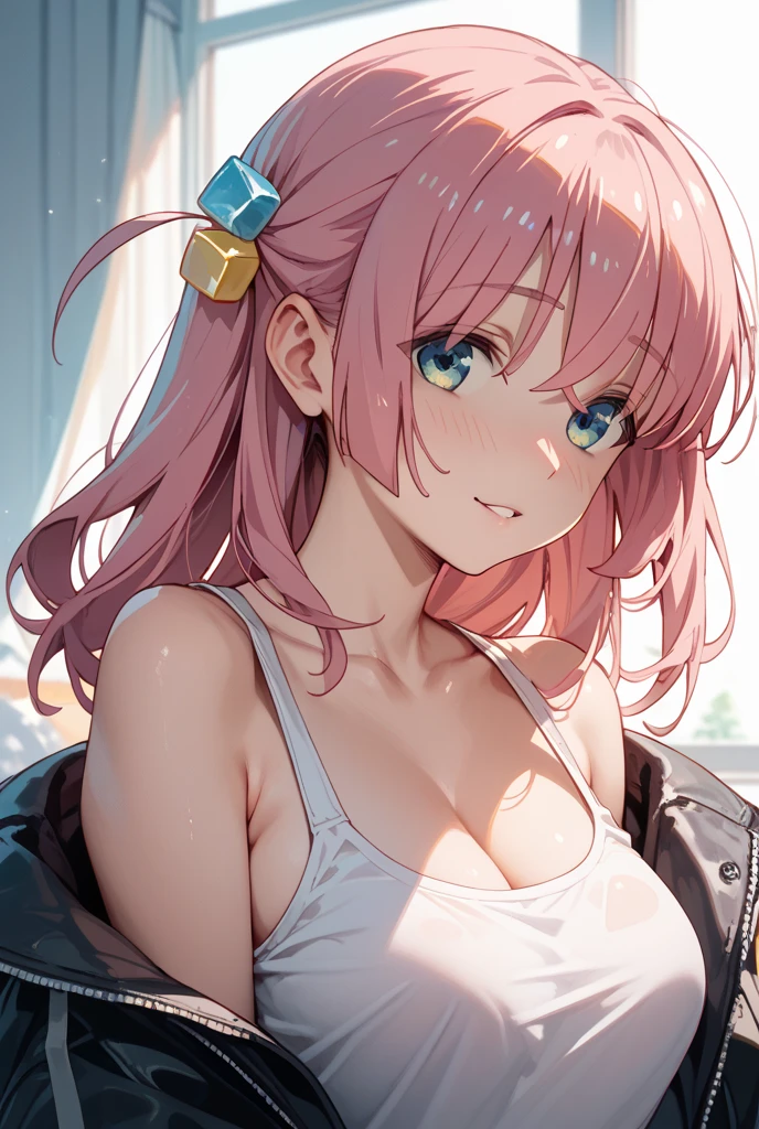 anime、pink hair、big breasts、valley、white sleeveless shirt、pink shorts、Cafes in town、one person