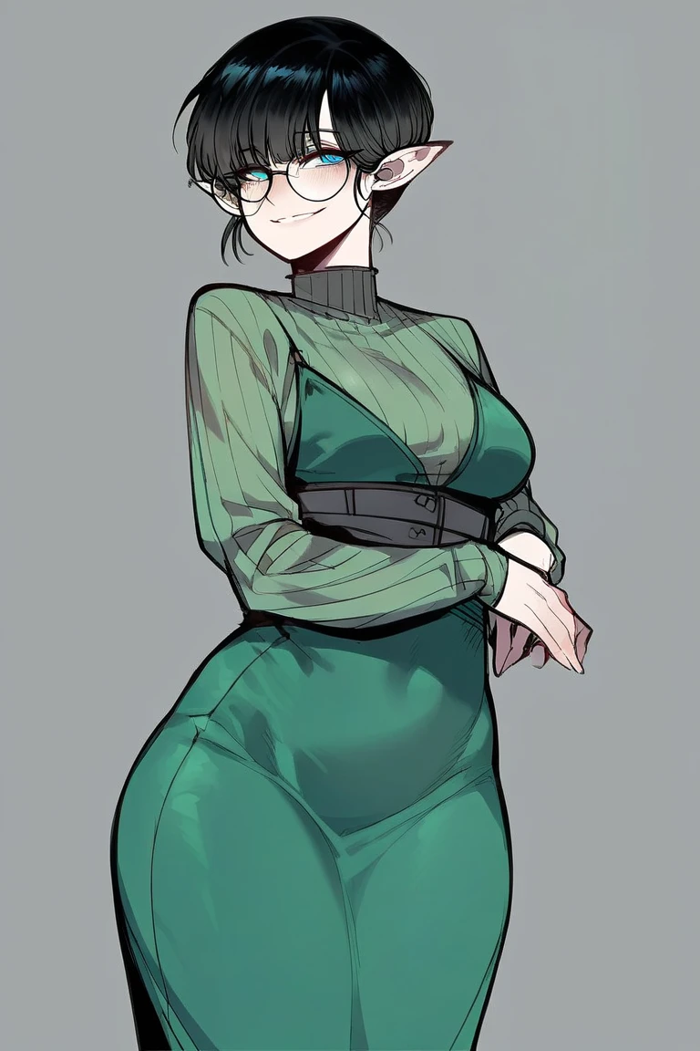 score_9, score_8_up, score_7_up, score_6_up BREAK EVOrogue, makeup, short hair, spiked collar, black gloves, see-through, green shirt, long sleeves, black skirt,pantyhose,hands on hips,annoyed,looking at viewer,from below,thick thighs <lora:rogue-guy-PONYv1:0.8>