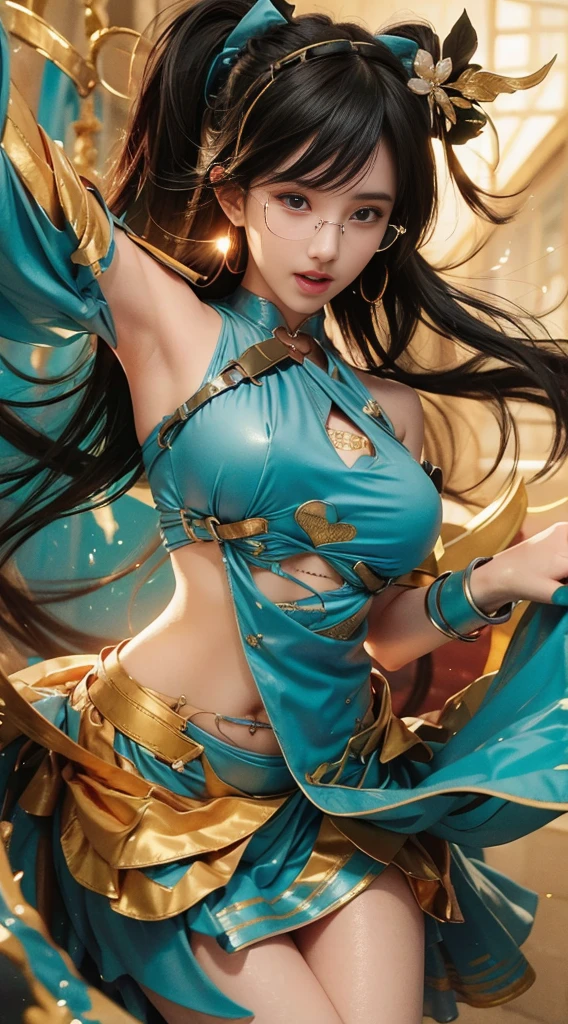 (Full Body View:1.4)、(Side view:1.1)、(Beautiful lips, cheeks and skin:1.4)、(Beautiful courtesan:1.4)、(Smiling with teeth showing:1.3),(Shibuya Gal:1.5)、(Geisha dance:1.5)、(Black, yellow, magenta, and blue miniskirt courtesan kimono showing cleavage:1.5)、(Delicate depiction:1.4)、(Luxury hair ornaments/hairpin:1.5)、(Short kimono:1.4)、(Make-up like a maiko:1.5)、(Bewitching Woman:1.3)、(Dense kimono:1.4)、(Wearing flashy knee socks:1.2)、(The underwear has an embroidered pattern:1.4)、40 years old、(Dance vigorously:1.3)、((Highest quality、8k、masterpiece:1.3))、1 Female、Slim and beautiful abs:1.3、(hairstyle casual、Beautiful boobs:1.1)、dress:1.1、Super small face、Narrow eyes、double eyelid、A sloppy smile、Esbian all over body、Dynamic Angle、Close-up、CPL Filter、Blurred Background、Bokeh、Blue Hour、Detailed face and skin texture、Detailed eyes、double eyelid,(Twin tails:1.3)、(Brown-golden hair:1.3)、Gravure idol、(The background is a gorgeous Meiji-era town:1.3)、(Thin body:1.2),(Thin thighs:1.5),(clavicle:1.1)