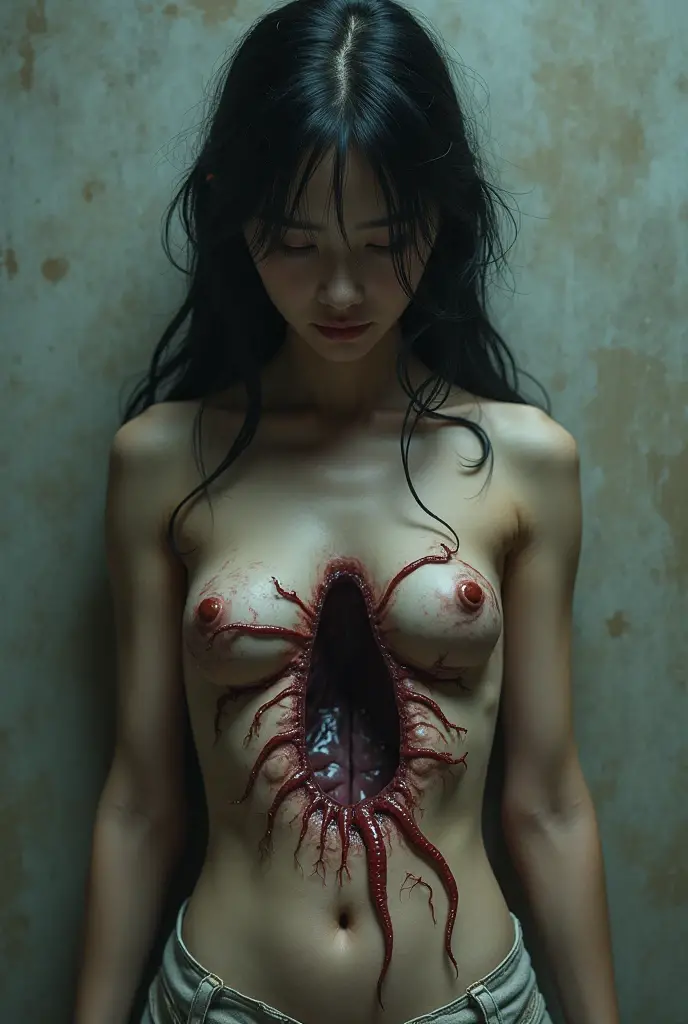 (A very thin and slender yakuza girl with visible bones, pale white skin, wet body, full body view, masterpiece:1.2),(photorealistic:1.37),(portrait,body horror,dark,gloomy,moody,cinematic lighting),(detailed eyes,detailed lips,extremely detailed face and body)