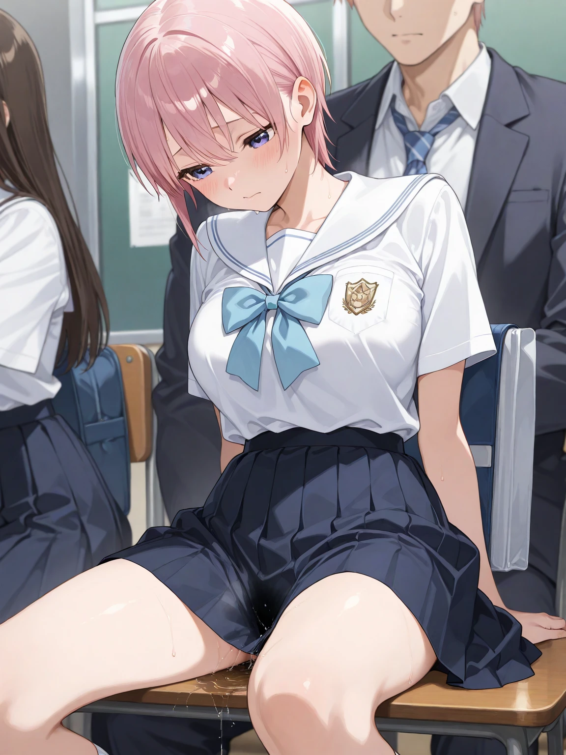 nsfw,cherry blossom cream, Primary school students、8-year-old with short hair, ribbon, Green Eyes, hair ribbon, Pink Hair, Ahoge,
, shirt, white shirt, collared shirt, Jacket, Long sleeve,masterpiece,Noise Reduction,Perfect Anatomy,High resolution, Very detailed,Game CG,Beautiful attention to detail,Visual Arts,
1girl,4boy, (crowd)、 Cowboy Shot、(Pussy、pussy)、(from below),(arms behind back)、(Put your arms behind your head)、Sit on a chair、Spread your legs、(pussy juice)、embarrassed、
