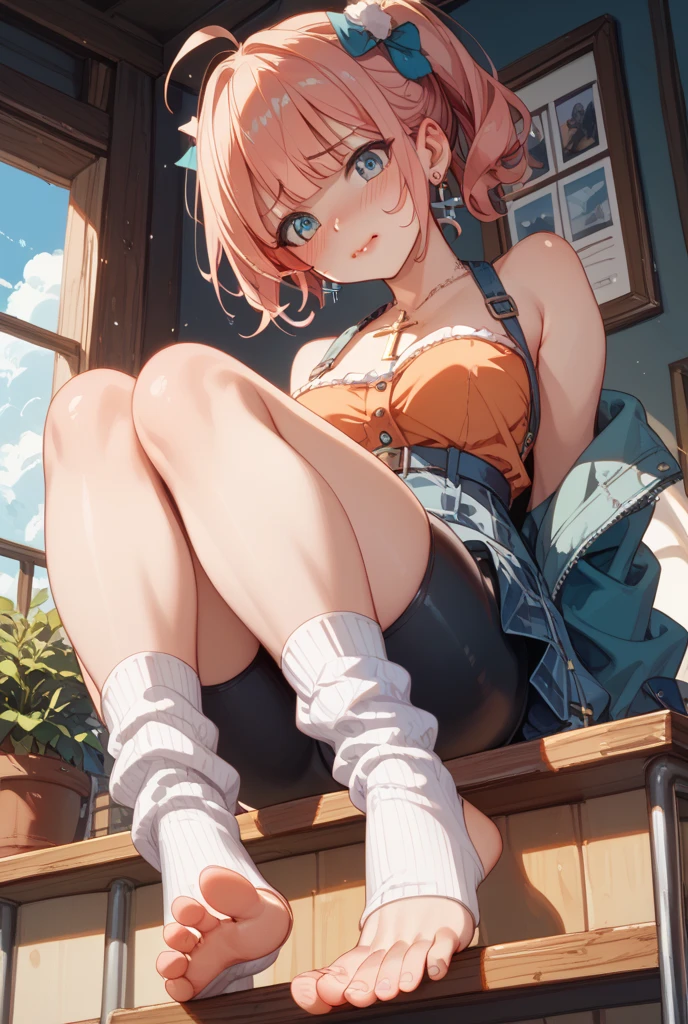 (8K, Highest quality, Highest quality, masterpiece), sit on the floor, (denim hot shorts 1:2), (mini shorts 1:2), big breasts, ((spread legs 1:2)), (open shorts), (pussy_peek), nm1, headphones around neck, long sleeves, blue cardigan, (fullbody), smile, school uniform, open jacket