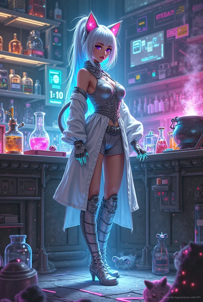1girl, short white hair(punk), glowing eyes, pink eyes, pale skin, blue veins, wearing leather bodice, bottomless, pussy focus, dripping, steampunk, Expression: Cruelty and a hint of a smile, Background: Science Laboratory lit by sparks of electricity, intricate detail, chiaroscuro, absurdres, high res, ultrasharp, 8k, masterpiece, looking at viewer