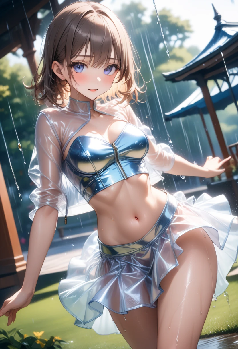 masterpiece, Highest quality, Very detailed, High resolution, expensive resolution, High resolution, 4K, 8K, ユニティ 8K 壁紙, Very detailed CG, masterpiece, 2D, 3d, Beautiful details, depth, Fine texture, Highest quality: 1.3, Perfect focus, Transparent muscle, he, rain, Wet, Wet clothes: 1.Two very cute anime girls, (bra visible through white blouse Wet with pouring rain, mini skirt), Large Breasts, expensive brown hair, One Girl, rain, (raindrops dripping from Wet hair, bra visible through thin blouse Wet with rain, mini skirt), Mole under eye, View your viewers, expensive, blush, Mole, Open your lips, heart, Pink Eyes, choker, White transparent bra