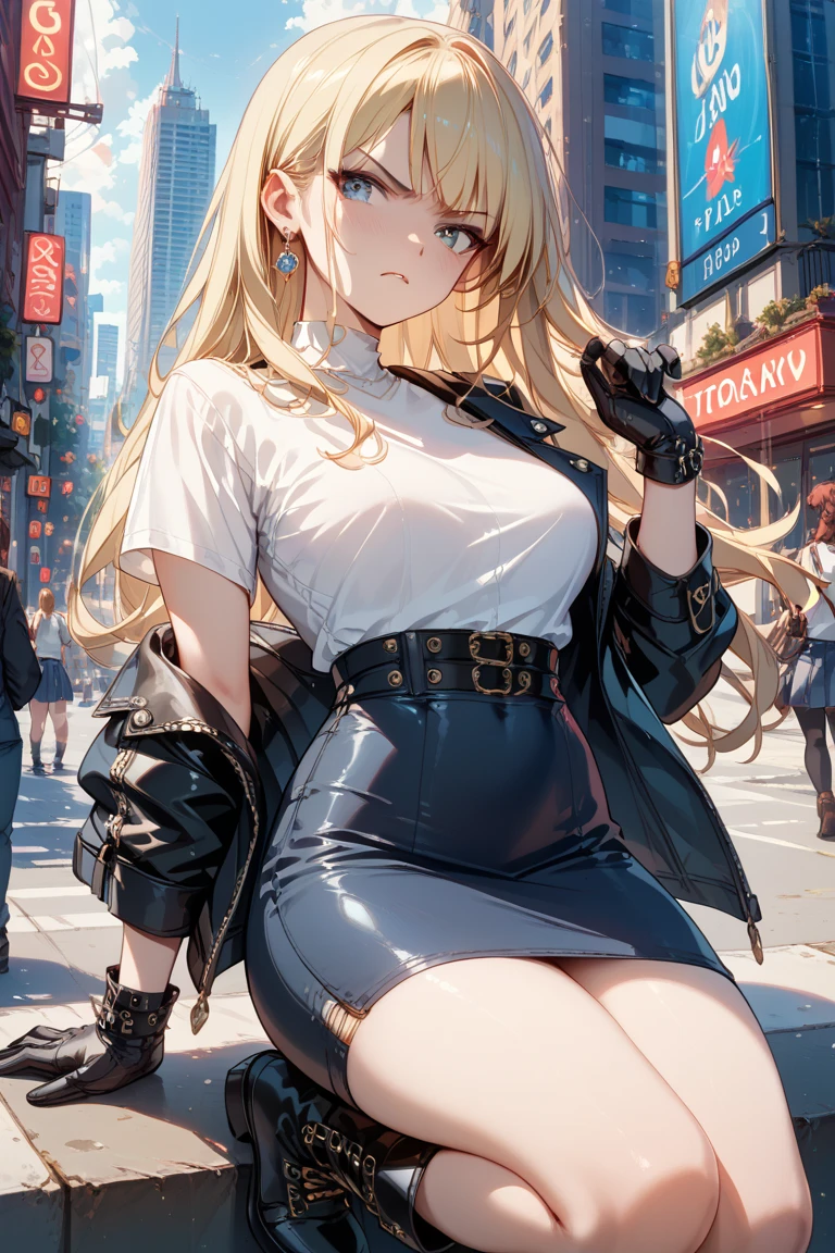 (best quality:1.2), 1girl, (fisheye, on side, confused, blonde hair, very long hair, red eyes, large_breasts, city), tank top, mini skirt, thigh high, boots,