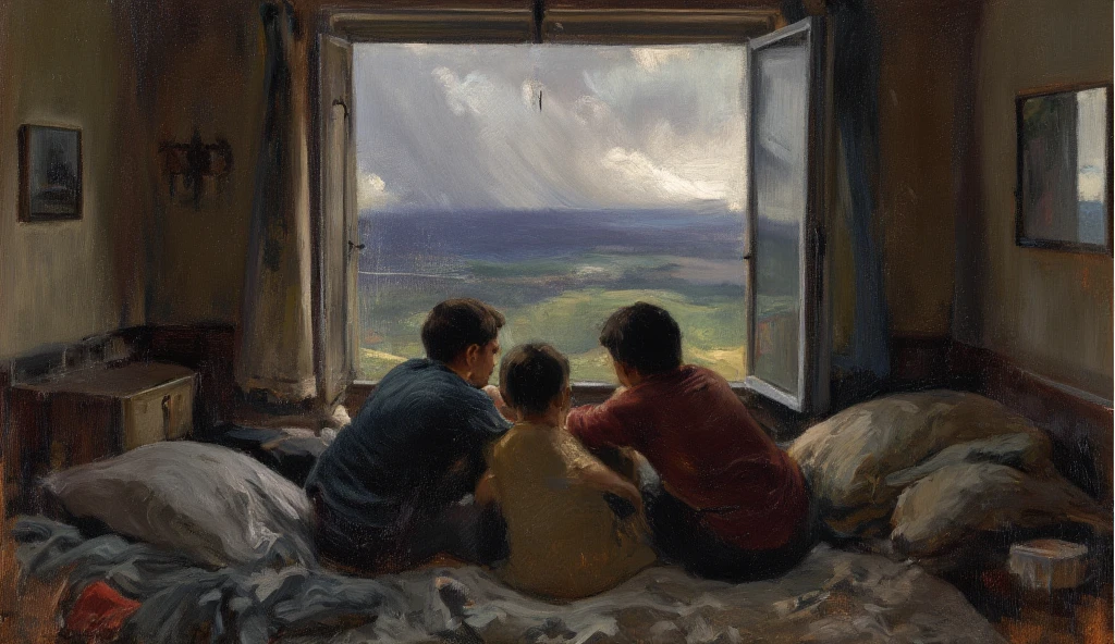 "Motherhood" It is a painting showing a woman sitting in a dark room., playing with his little son. The woman has a melancholic expression on her face as she looks out at a window in the left corner.. Through the window, you can see a view of the beach, with the sea and the blue sky. The woman seems to be lost in her thoughts, with a mixture of sadness and nostalgia in his gaze. the boy, On the other hand, He seems oblivious to his mother's sadness, absorbed in the game they are playing together.