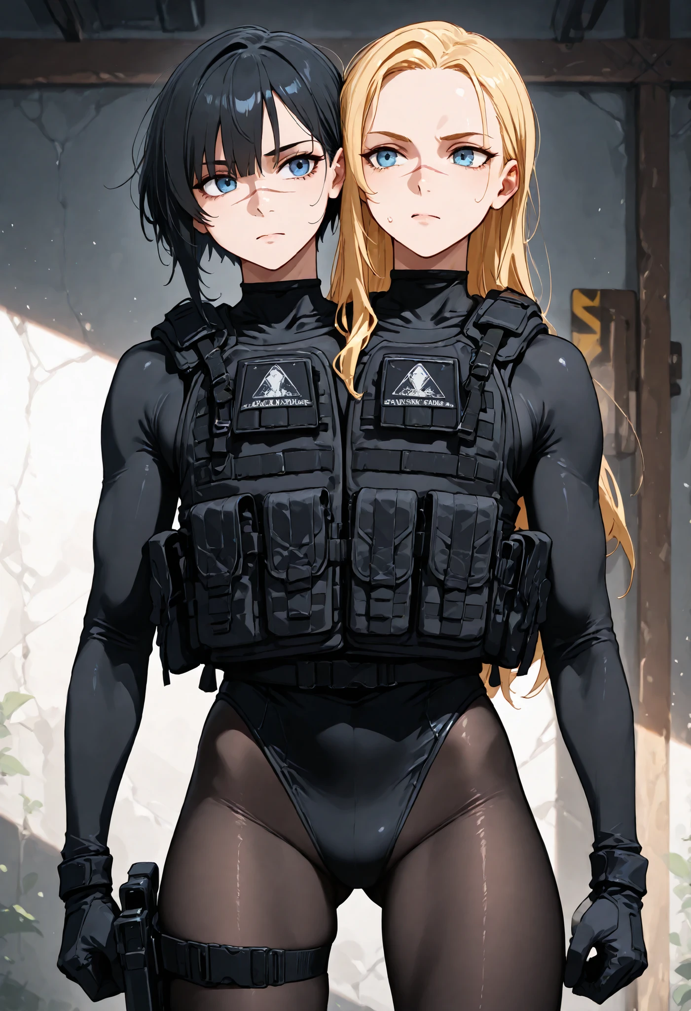 conjoined, 2girls, 2heads, two heads, a tall thin girls with 2 heads, blonde hair, black hair, single sidelock, long hair, short hair, blue eyes, scar on nose, black leotard, black bodysuit, black pantyhose, bulletproof vest, loose black gaiters, black gloves, tactical gear, upper body, storage, front shots, small chest