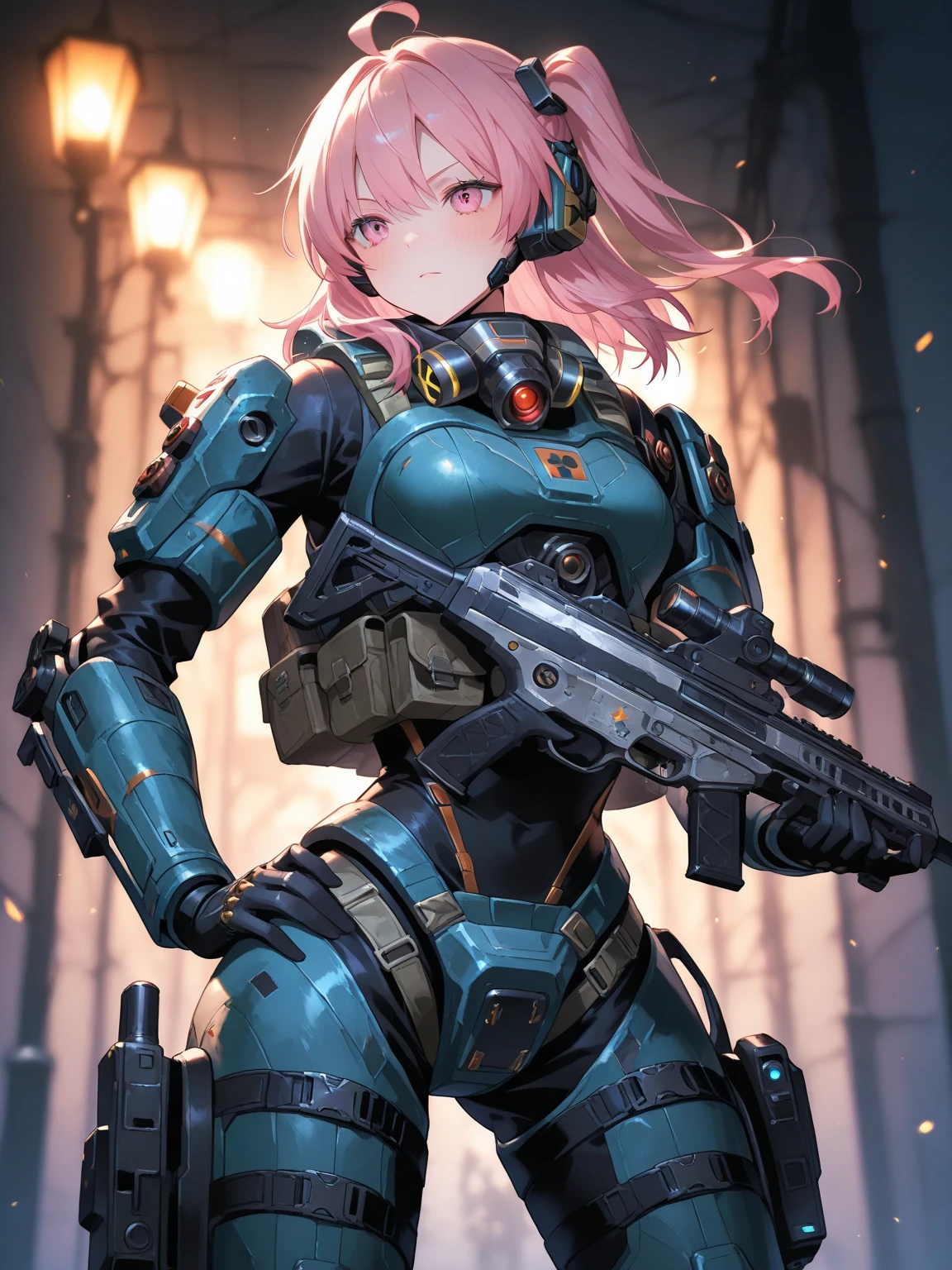<lora:0300 Individual soldier exoskeleton armor suit_v1:0.9> ruanyi0300, armor, belt, gloves, mecha, robot, goggles, holding weapon, m4 carbine, assault rifle, holding gun,, absurdres, ultra detailed, masterpiece, best quality, aesthetic, detailed,, solo, seductive smile, red lips,
1girl, purple eyes, red hair, blunt bangs, large breasts, <lora:hair_rings:1> low hair rings, <lora:EllaNyan:1>,