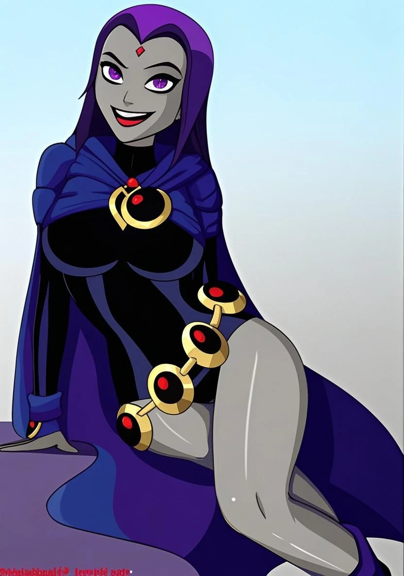 1girl,solo,RavenTT,navy-blue cloak, brooch, completely nude,short hair,purple hair, purple eyes,makeup,black lipstick,grey skin,narrow waist,skinny,,outdoor,park,smirk,spread pussy,fist on hip
