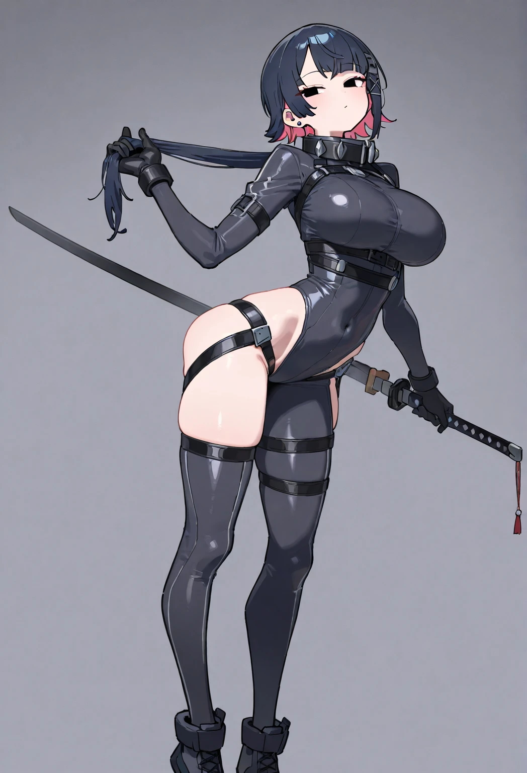 Bowei, LadyB, 1girl, full body, slim body, slim thighs, bodysuit, detail eyes,  solo, looking at viewer, ninja mask, large breasts, simple background, brown hair, green eyes, weapon, ass, bodysuit, put two hand on the head, katana, ninja background, sheath, skin tight, LadyB bodysuit, ladybninja close-up, 8k detailed,