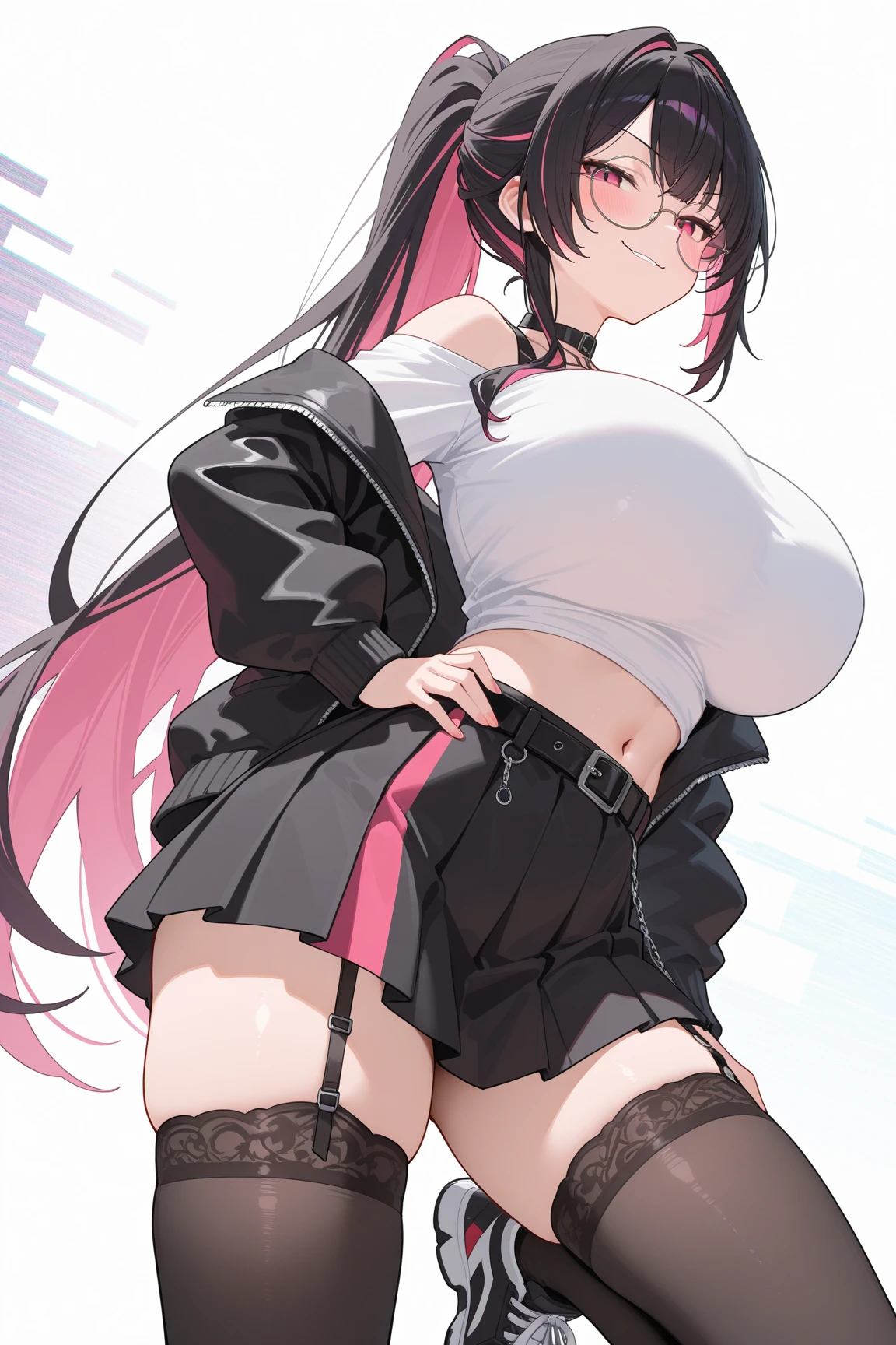 TachibanaHinano, Long hair, (split-colored hair, Black hair, Pink hair:1.3), Blue eyes、bow ribbon、(top-quality、8K、32K、masterpiece、nffsw:1.3)、1girl in、((Solo))、((Colossal tits:1.5))、(slender figures、perfect body type:1.2)、Smile、blush、white shirt、frilld、Suspender Skirt、(((pantyshot)))、white panties、((Pee with legs spread))、(((tiptoeing)))、White pants、Squatting、Her body is delicately designed((masterpiece:1.3))Perfectly designed for smooth and beautiful skin。