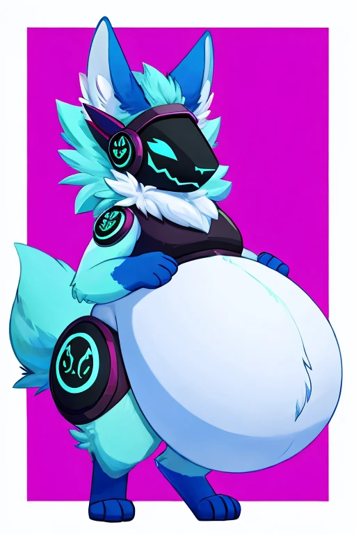 muscular Female Protogen wearing gym clothing, has white fur, has blue mechnical parts, has purple eyes, fat, overweight, massive belly, vore, huge stomach, no bra, huge boobs, big breasts, gigantic stuffed stomach 