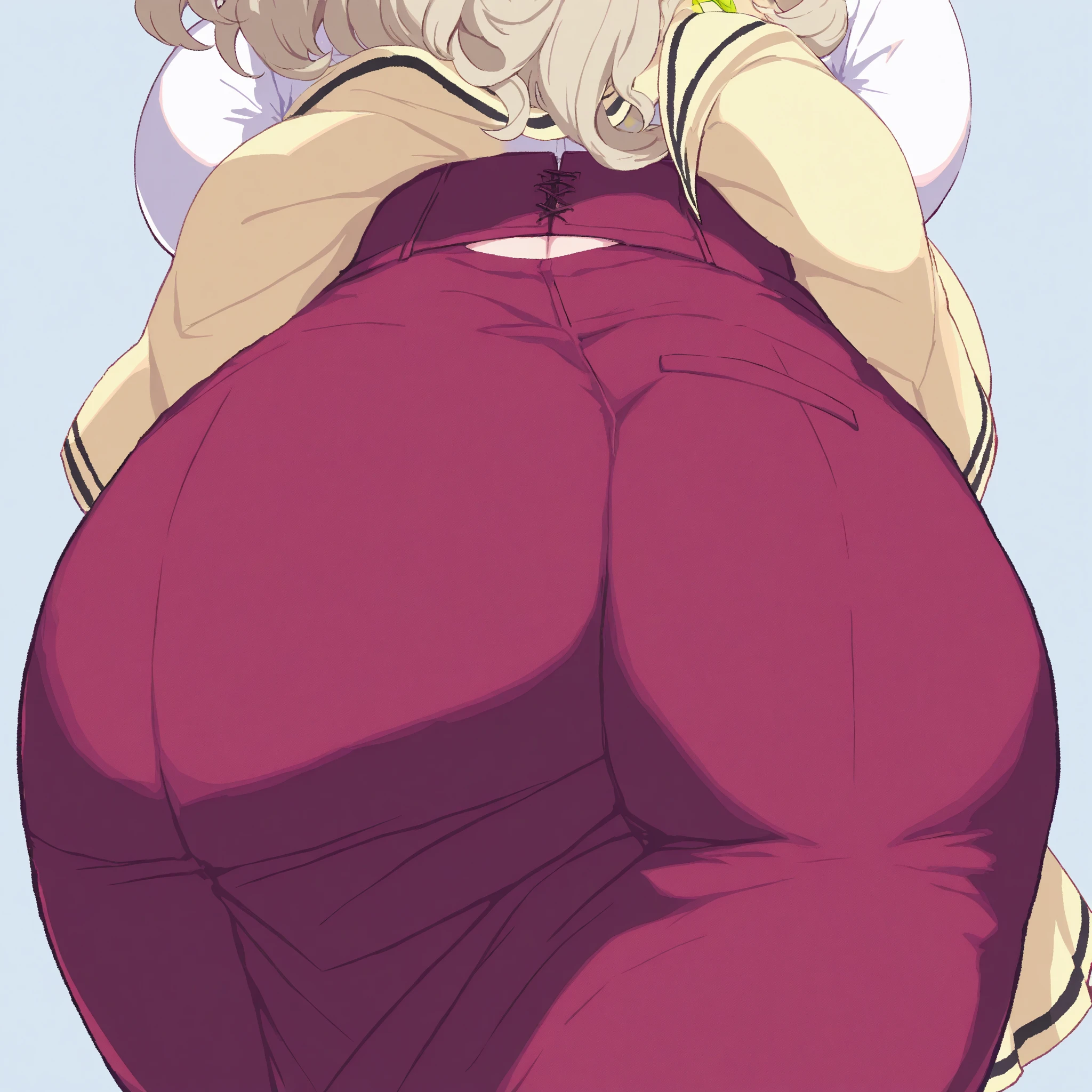 (masterpiece:1.2, best quality), (highly detailed:1.3), 1girl, 18yo girl, blond long hair, (white leggings), (red hoodie), in an apartment, juicy butt, happy, smiling, looking at camera, rear view, like able cute face, perfect even blue eyes
