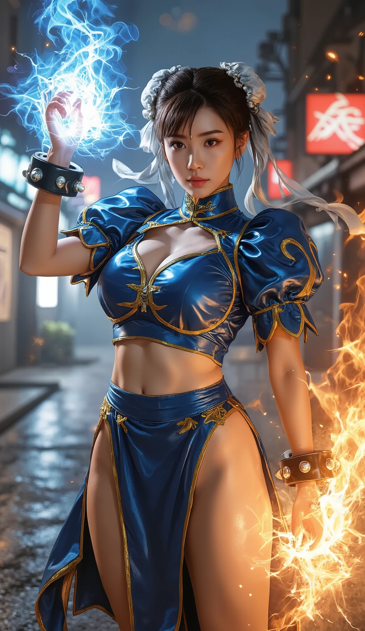 Realism, 1girl , NCL, smile, She is standing on guard, one hand fire effect, one hand blue fire effect, neon effect, cleavage, big breast, street fighter game background, dark lighting, cool fighting effect, perfect hands, anatomically correct, sparkle, cinematic lighting, 8k, UHD, super detail, best quality, highres, masterpiece