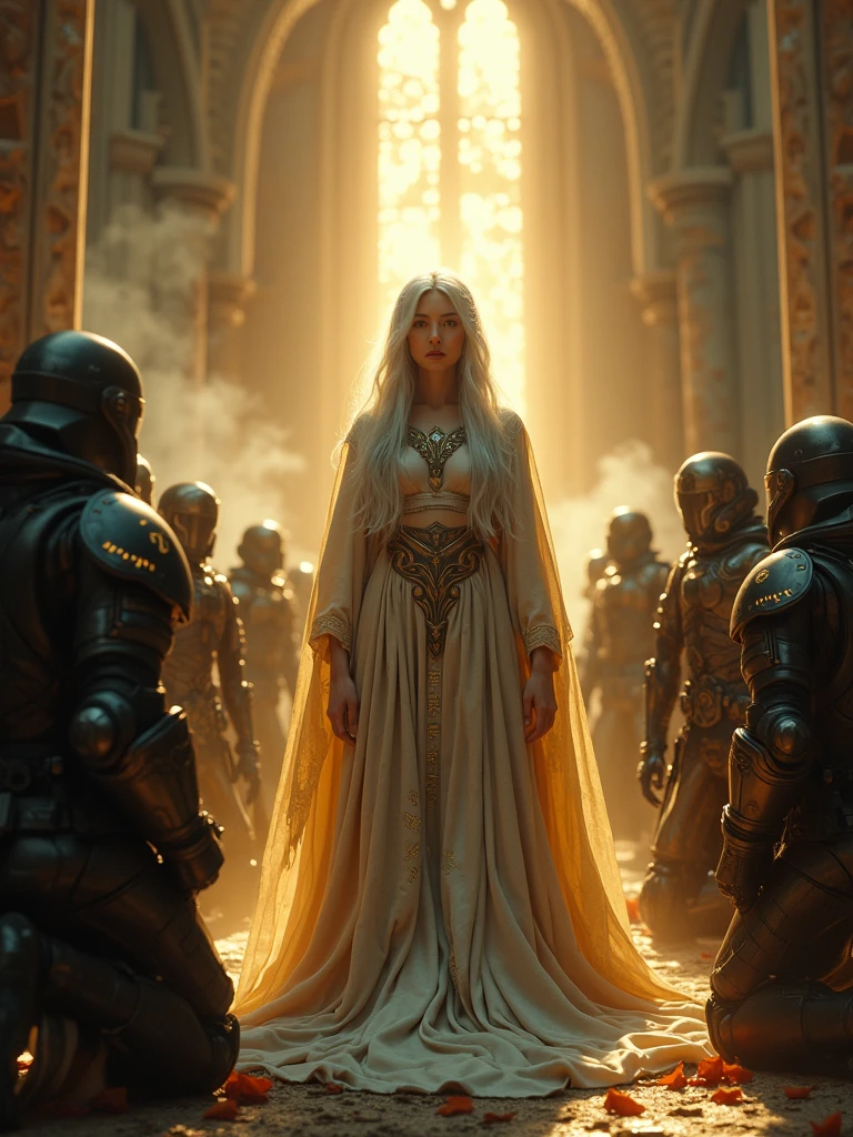 Draw a white-haired princess, to her right a muscular guard with white skin and black hair, and to her left a guard with white skin and midnight blue hair.