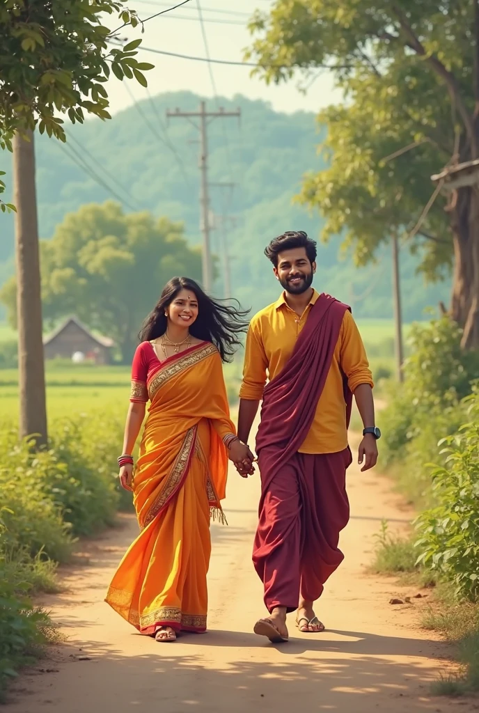 Women in sharee with husband in panjabi, flying kites in a village, lyrics 