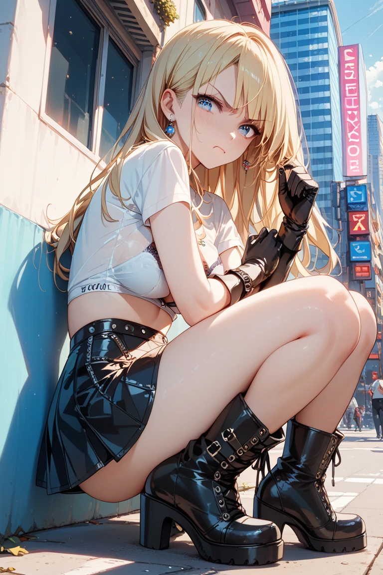 (masterpiece), (Highest quality, High resolution, Very detailed, figure), One girl, alone, city, Contemporary, Profile picture close-up, Blonde beige long hair, Green Eyes, Beautiful attention to detail, squat, Headphones, 8k, Trending on Art Station, Featured on pixiv
