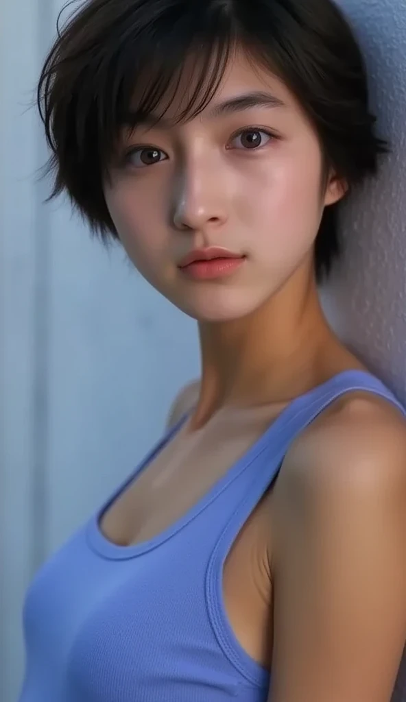 ((Light Green)), ((Femboy)), Shorthaircut Stylish, adorable, 1 femboy, (face to face), 10 years old, ((baby face)), (cry sad face expression), half body portrait, (face details: 1), (eye details: 1), ((huge breasts)). wearing transparent transparency soft soft, .. Cute posed. proportional body. Ultra High Res. realistic: 1.4, UHD, (floral pattern), ((*lingerie)) ((lace pattern))