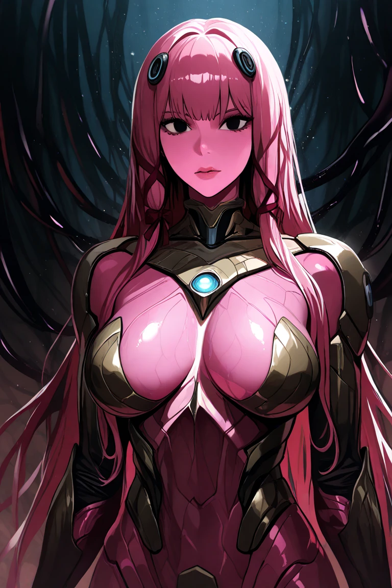 ((Highest quality)), ((masterpiece)), (detailed), (Perfect Face)、The woman is Princess Leona, a Sentai heroine with long light brown hair, wearing a shiny pink bodysuit and a full-face Sentai heroine helmet.