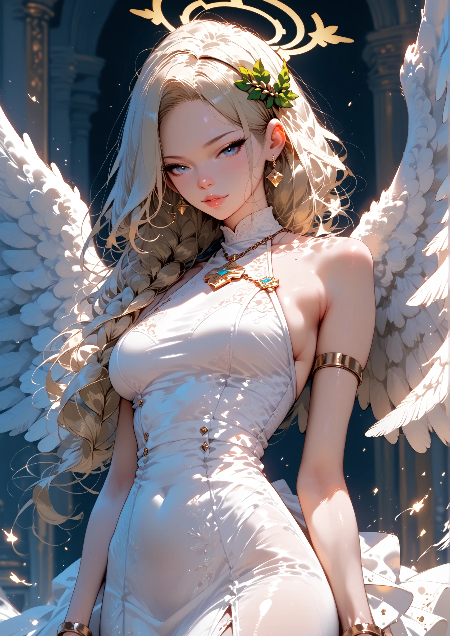 A high-ranking angel with six pairs of wings。Gorgeous honey gold hair。Wavy long hair。Mysterious silver eyes。A beautiful god clothed in light々Standing。
Light shines from the sky、illuminated by a halo。
