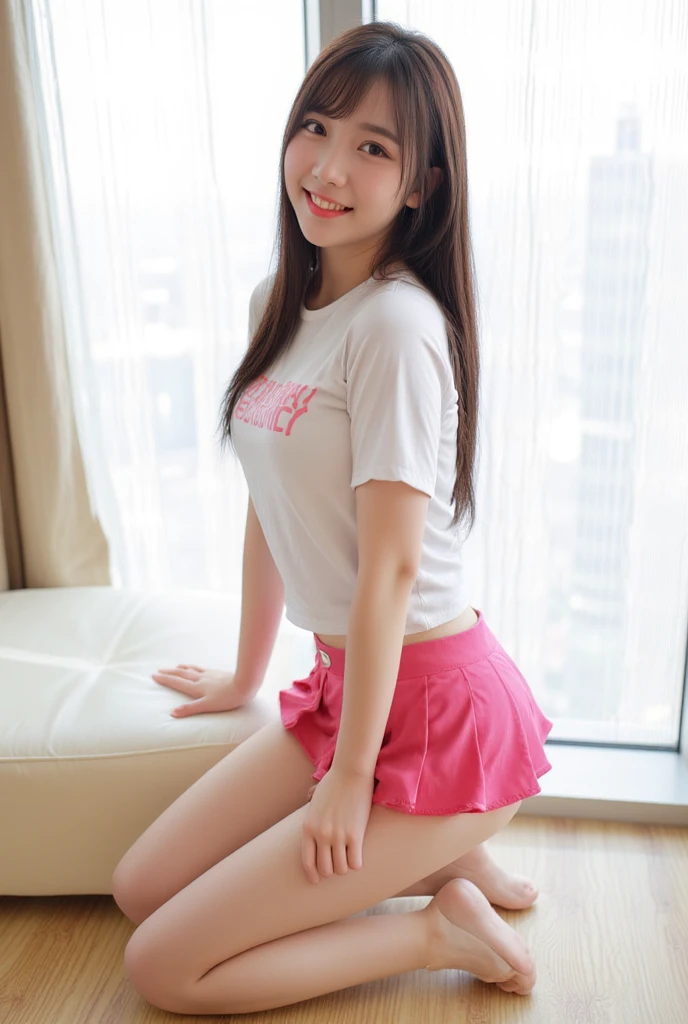 highest quality, pieces fly, that'realistic, High resolution, 8,000 students,alone, 1 girl, NSFW、medium long hair、14 years old、(red miniskirt dress with red trim)、squat、slender body shape、spread your legs wide、 ((Red lace panties))、smile、sneakers、earrings、necklace、skirt lift、Tokyo Tower、streaks