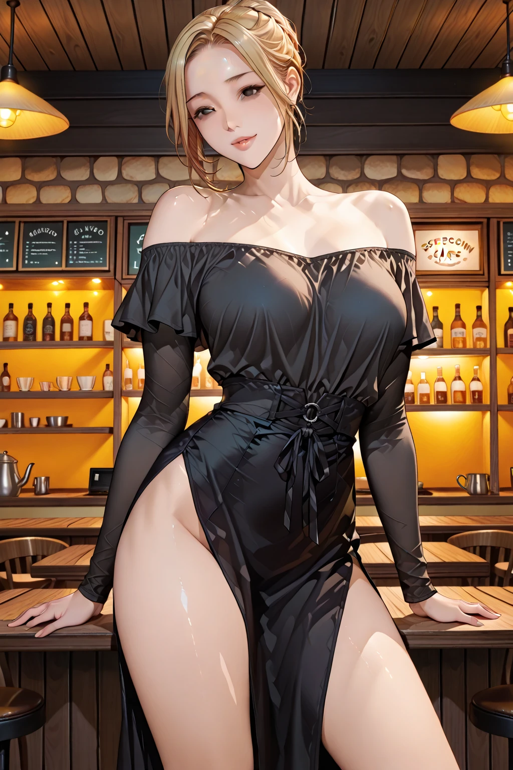 ((((masterpiece, best quality, high resolution)))), Extremely detailed 8K, Beautiful girl with voluptuous body, (Ultra HD, Ultra-detailed, Highly detailed, Highly realistic, Ultra-realistic, photograph realistic), (1girl:1.5), (Realistic black hair), (short wavy hair, hair ornaments, earrings), (dynamic poses), facing at camera, looking at viewer, (blushing red, embarrassed, exhausted, smile), (green eyes, sharp eyes), (massive perky breasts:1.2), (beautiful detailed face, beautiful detailed eyes), ((glittery black silk slit dress)), (detail pussy), (standing up), sweat, glow, (nightlight), ((cowboy shot)), jazz bar, seductive