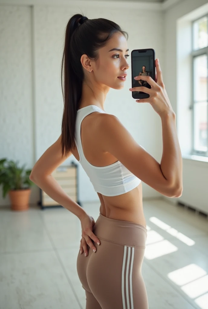 White woman, kneeling on floor with legs stretched out, taking selfie, wearing yoga pants, not showing face