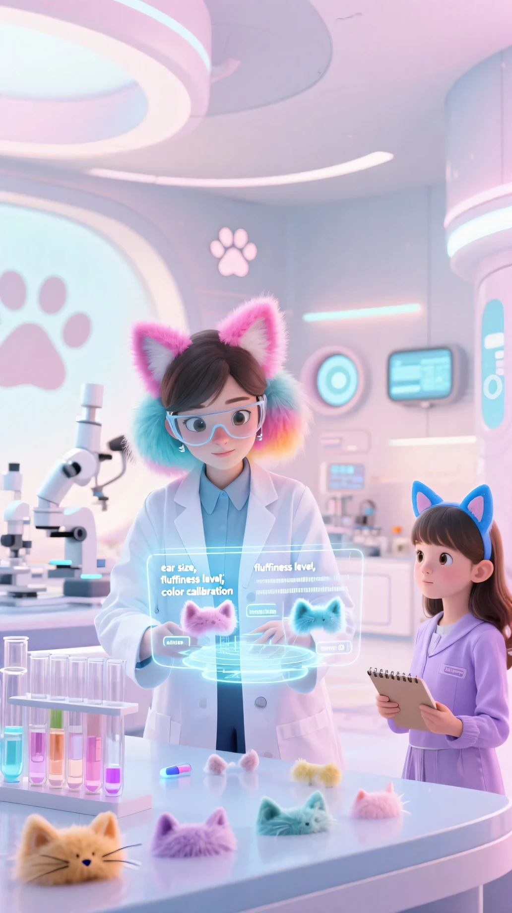 In a bright, soft-colored futuristic laboratory with rounded architecture and pastel lighting,
a young female scientist with colorful fluffy cat ears (pink or pastel blue) is working seriously at a floating holographic interface.
She wears a clean white lab coat, with a modern tech-inspired design.
The hologram displays various parameters like "ear size," "fluffiness level," and "color calibration" — all related to cat ear customization.
Behind her, test tubes and transparent capsules contain experimental cat ear prototypes in different colors and shapes.
Next to her stands a cute assistant girl in her early teens, also with cat ears (perhaps blue or lavender), holding a notepad and peeking curiously at the hologram.
The lab has whimsical touches like pawprint icons, round monitors, and soft glowing panels.
Futuristic, cute, slightly comical, and richly detailed — a cheerful and charming cat-ear research scene.