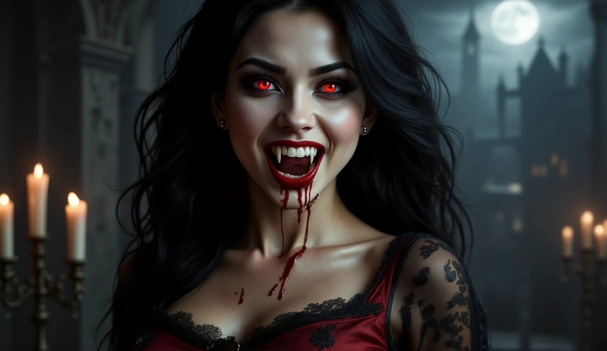 a portrait of vampire with a bloody tear coming down from the eye, an exotic beautiful female vampire, black hair color, dynamic hair style, ultra detailed face, best detailed face, silver eye color, (1single red teardrop: 1.3)), ((tear drop made from blood)), ((teardrop coming down from the eye: 1.3)), small cleavage, wearing two black diamond earrings, Ultra-high resolution, High Contrast, (masterpiece:1.5), highest quality, Best aesthetics), 16K fantasy art, best details, best quality, highres, (ultra wide angle: 1.2), 16k, [ultra detailed], masterpiece, best quality, (extremely detailed), ladyshadow, magical sky, crying style, vampire teeth