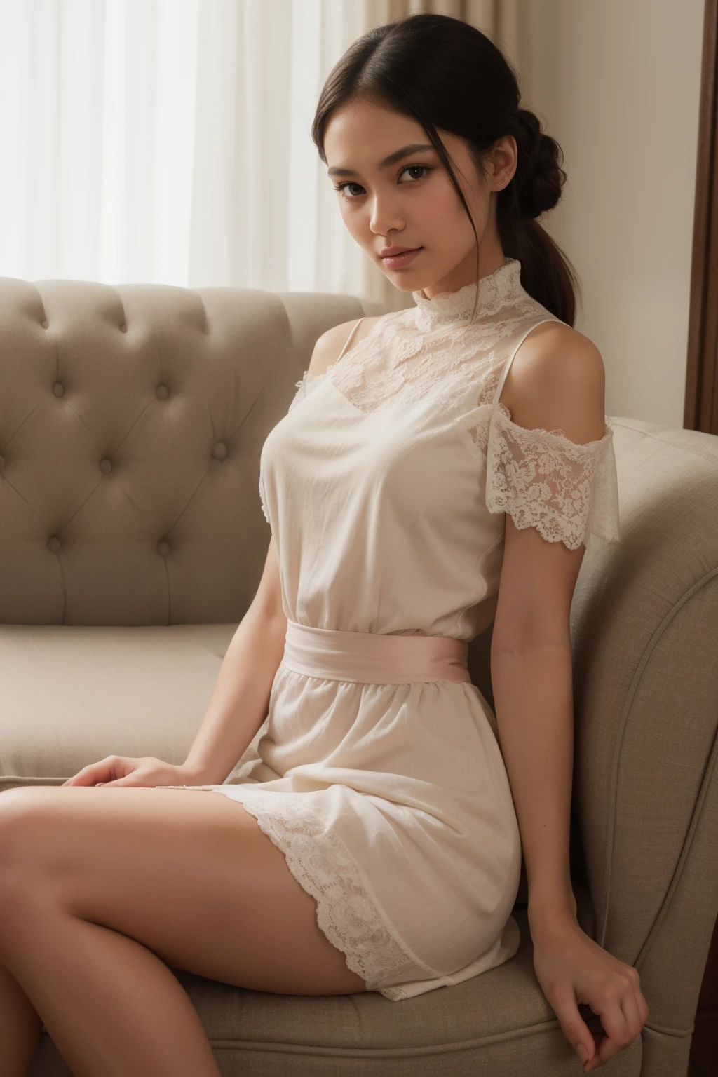 (Looking at me with a smile)、(Three Japanese women:1.1)、(Big Breasts)、narrow and constricted waist,、Thin and beautiful legs、(Nobody background)、(whole body)、Short Hair、bed、(Tight lace sleeveless see-through blouse with buttons and collar)、(See-through lace mini skirt)、(Erect nipples:1.1)、(See-through nipples)、(Elegant blouse)、(Spread your legs out to the side)、(Do not split the screen:1.2)