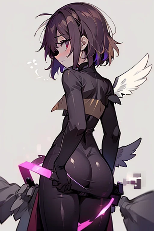 masterpiece, simplistic background, minimalist background, minimalistic background, 1other, hair over eyes, no eyes, colored skin, solo, blue skin, androgynous, black bodysuit, bodysuit, black hair, gloves, red scarf, armor, from behind, butt, wide hips, butt, large butt, huge ass, large behind, large rear, suggestive