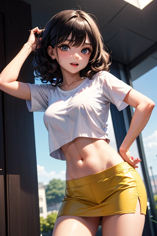 slim soft body, long brown hair with purple highlights, ponytail, blue eyes, blush, black eyeliner, unbuttoned, unzipped short shorts, topless, big breasts