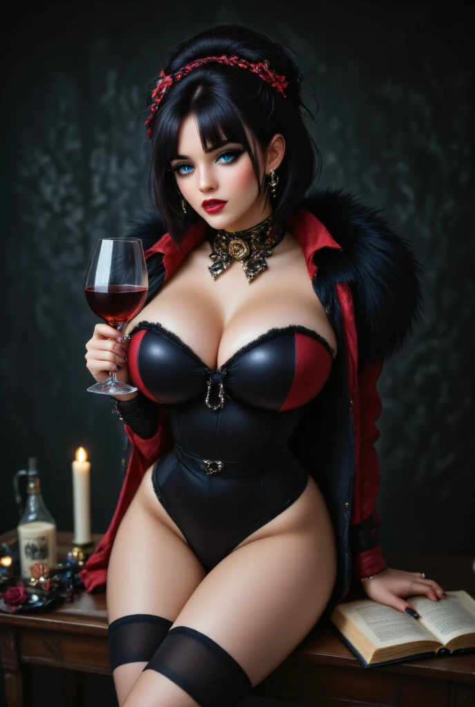 The sensual vampire Mavis Dracula, in a sexy and provocative bikini, stunning huge bust with plunging neckline and wide hips big legs in stockings, image 1.2, rendering