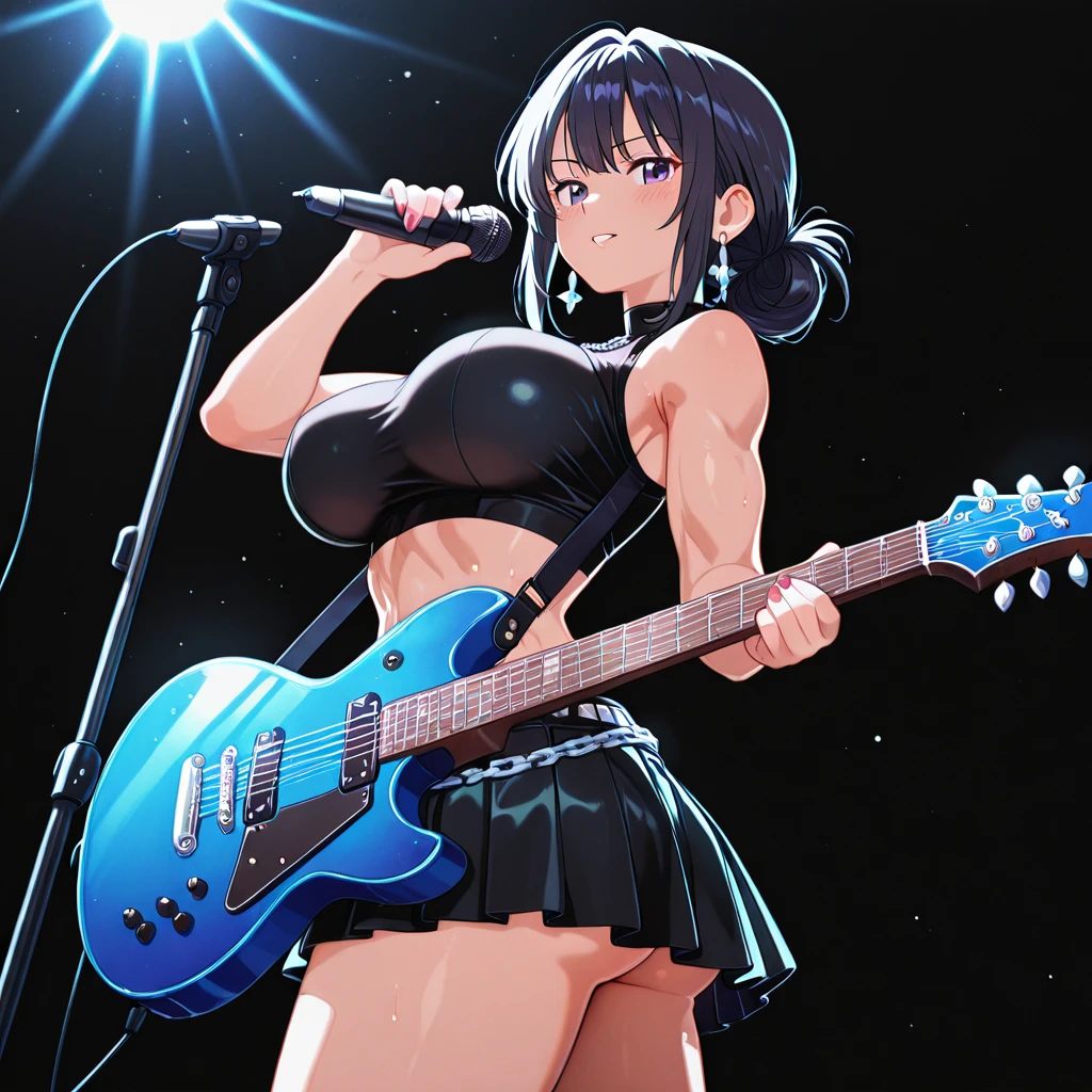 Highest quality,masterpiece,Rock singer,Dark silver hair,Live Stage,Small live music venue,Completely naked,Pasties,Leg spread,cool