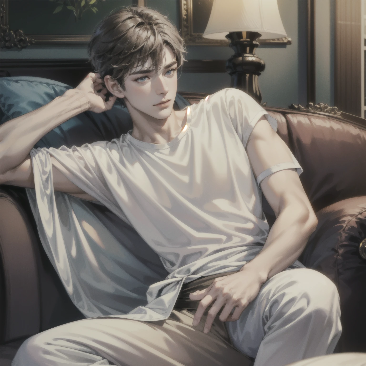 A beautiful boy is sitting on a bed in a closed room，(((all of him is in the mirror))), gay, masterpiece，highest  quality，High contrast, The upper body is naked, closeup cleavage, Correct anatomy, Interactive expressions, short detailed hair, slender body, erotic, shorts, White sox, foot fetish, (high quality watercolor:1.3), black hair