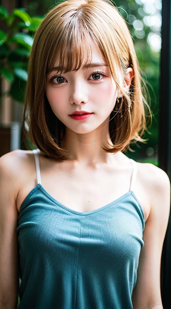 studio light, Depth of the bounds written, Upper body, thin, cute顔, smile, beautiful detail eyes, 19 years old Japanese, cute, Warm blonde voluminous curls, plaza, casual