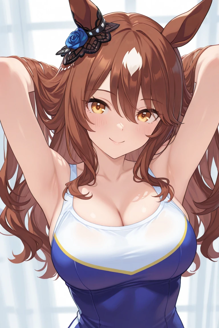 (masterpiece),(Highest quality:1.0), (Ultra-high resolution:1.0), Detailed illustrations, 8K, Pretty face, 全naked、naked、Big Breasts、night、 underwear, Blue underwear, whole body、bed、Animal ears, earrings, Horse tail、Cowboy Shot, Are sleeping, indoor, Alluring expression、smile, Open your mouth