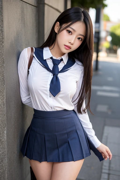 masterpiece, Highest quality, 8k, Two young and beautiful girls, Baby Face、着衣Big Breasts、((((2girls))))((((((10 years old)))))),((Large Breasts:1.3)), photo shoot, Cute Face, Thighs,、smile, 10 generations, Detailed face, Background blur、Long Hair、Black Hair、Big Breasts、Cleavage、Tight waist,((uniform))mini skirt((White collared shirt))mini skirt、Navy Pleated Skirt、high school girl