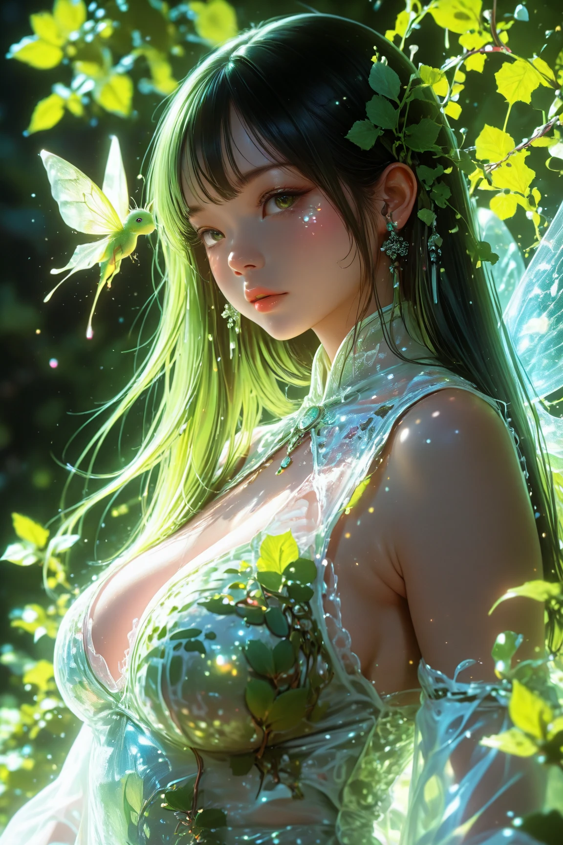 (NSFW:1.2), (masterpiece, top quality, best quality, official art, beautiful, cosmic, atmospheric, psychedelic, dreamlike and aesthetic:1.2), (1girl, green punk rock mohawk hair, tons of tattoos and piercings, super huge enormously gigantic tits), extreme detailed,(fractal art:1.3),colorful,highest detailed, cherry blossoms and butterflies blowing in the wind