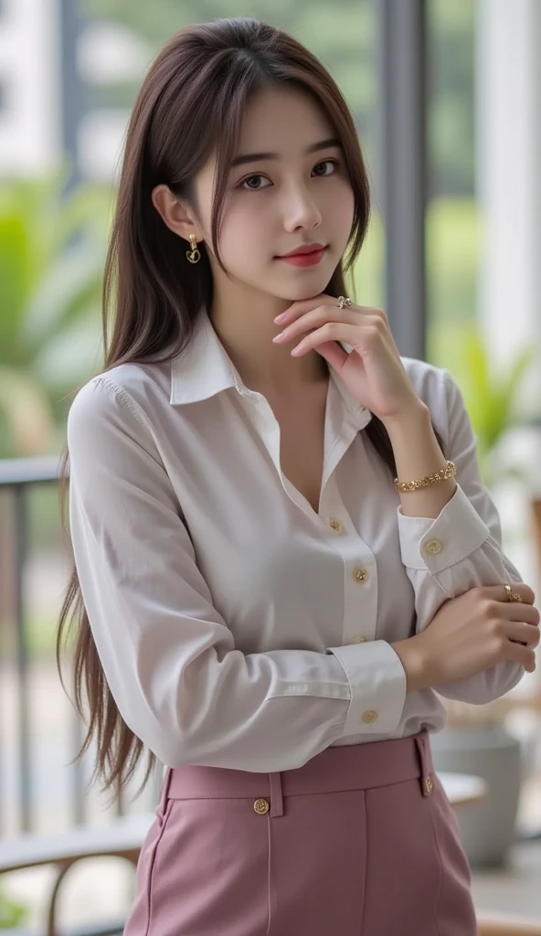best qualtiy， tmasterpiece， 1girll， beauitful face， （photograph realistic：1.3）， edge lit， （highdetailskin：1.2）， 8K  UHD， digital SLR camera， high high quality， A high resolution， 4k， 8k， bokeh， absurderes， Optimal proportions of four fingers and one thumb， （realisticlying：1.3）， Cute 1girl， In a white blouse shirt， mediuml breasts， short  skirt，
