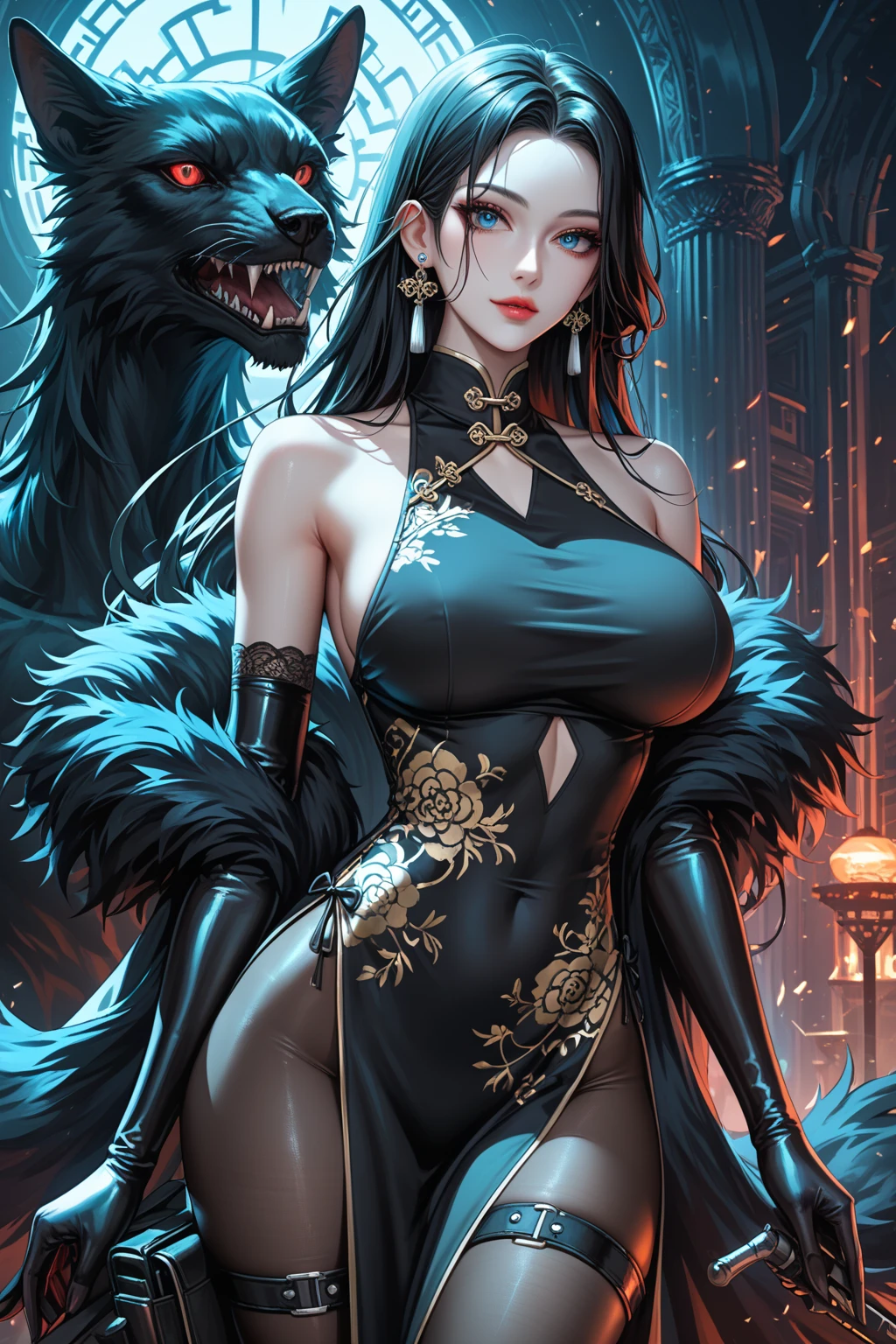 4k highly detailed realistic digital extremely high quality drawing, masterpiece, (by keeltheequine), (uploaded on e621), (a three-quarters portrait of an anthro black dragon), (beautiful long hair), (wearing a revealing qipao), (beautiful and detailed eyes: 1.1), scales, (bimbo, lips), seductive, sexy, voluptuous, curvy body, cinematic lighting, (f1.8 short focus bokeh)