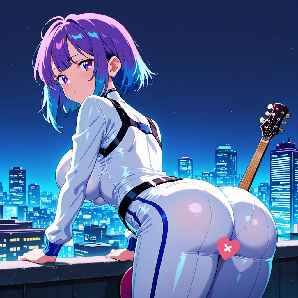 ((Masterpiece, best quality, high quality, highly detailed background)), ((hotel bedroom, on the bed, city skyline background, blue sky window view:1.3, blue sky:1.3)), ((lady_nagant, mature female, (large breasts), short hair, streaked hair, medium hair, ((nude:1.3)), ((reverse cowgirl position, straddling, sex from behind, ass, 1boy, 1girl, sex, penis)), ((shy smile, closed mouth, blushing))
