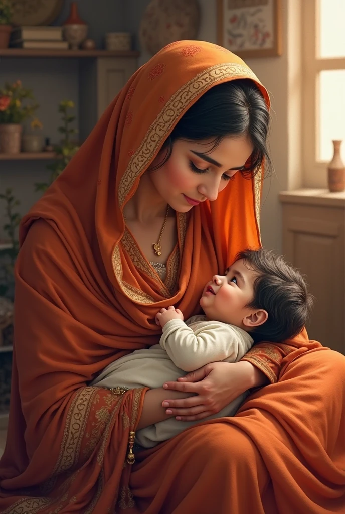Iranian mother in authentic Iranian clothes with baby