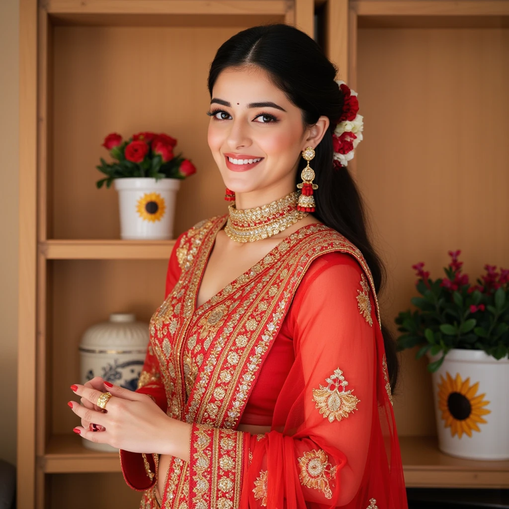 Imagine a beautiful apsra smiling and apsra wear red colour decent cloths And she has shyness on her face she has black and long hair and black eyes too And she is wearing a lot of jewelery and this scene look like heaven she is standing in a modern luxury type home