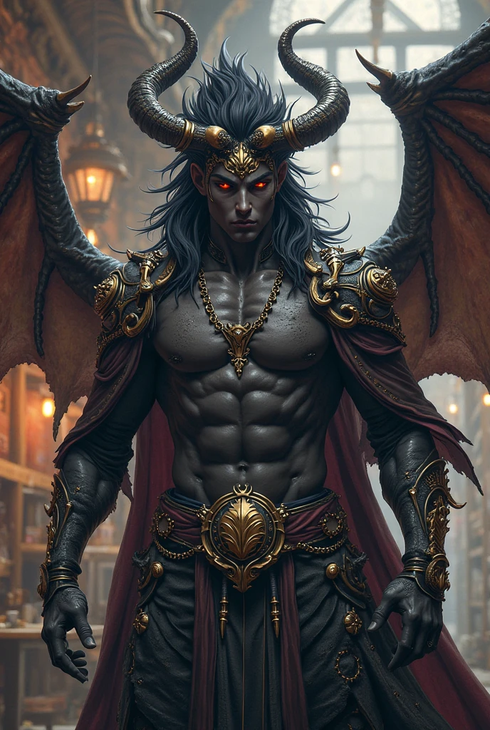 Realistic Digital Painting with Concept Art Elements"," digital painting," "concept art," "realistic," "high detail", "muscular",, "high-res", "ominous aura,", "8k resolution", "oil painting", "darker tone" , "little saturation" ,"dark feeling", "concept art" , "detailed features" , "detailed eyes" "1man" , "demon" , "large horns" , "Fangs" , "long hair", "short stubble on chin", "long nails" , "Asmodeus" , "full body" , "covered in blood" , "smiling" , "amazing background" , "sitting on a lavish throne" "dark castle background", "wearing a suit" , "head resting on hand" , "large nad impsoing" , "scruffy beard"