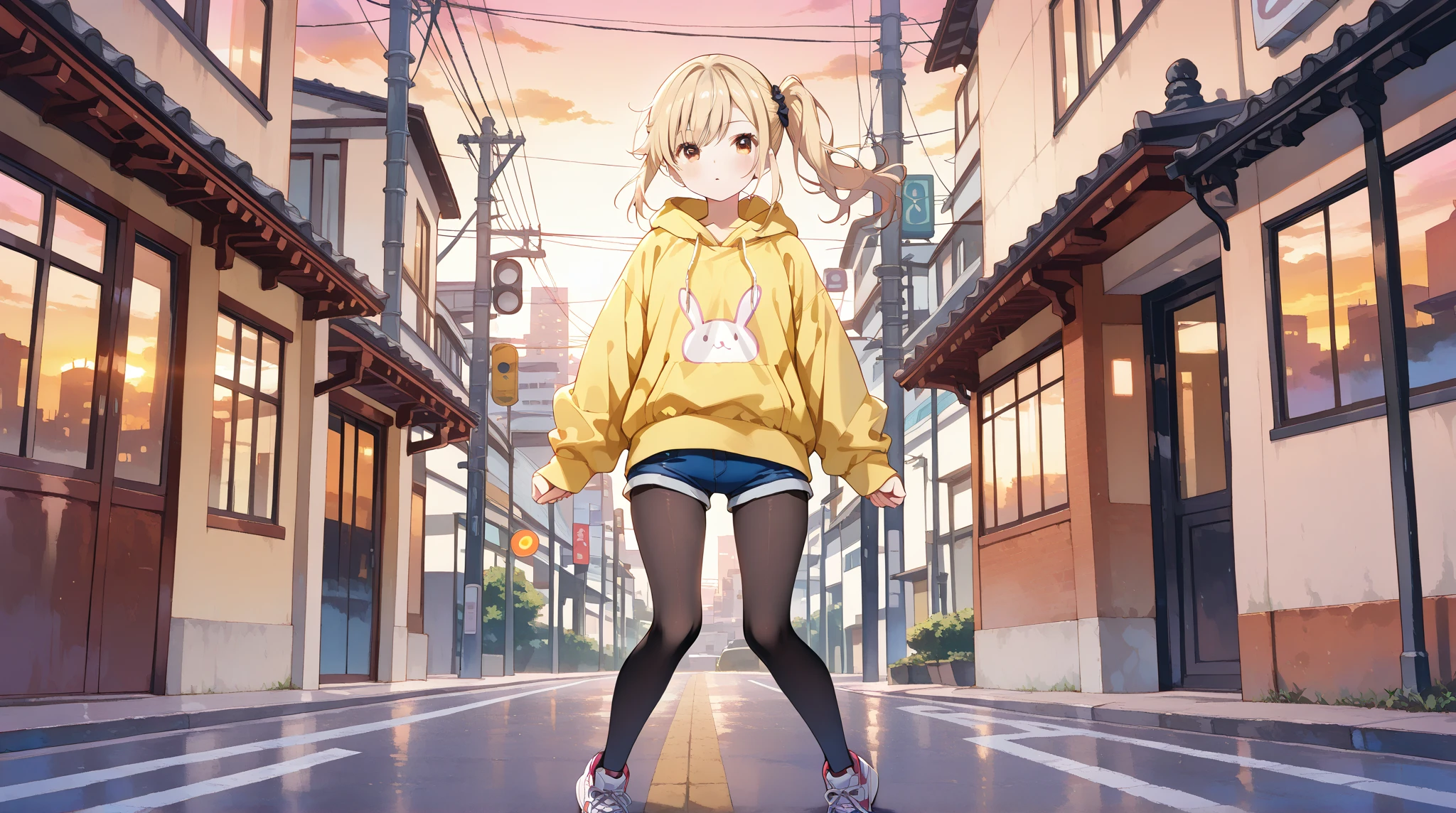 Masterpiece, Best Quality, 1girl, (Young Woman), Solo, Blonde Twin Tails, Big, Thighs, Dog Ears, (((Golden Eyes)), White Long Hoodie, Fluttering Yellow Mini Skirt, Black T-Shirt, (Happy), Shy, ((Red Cheeks)), Running, (Date in the City)