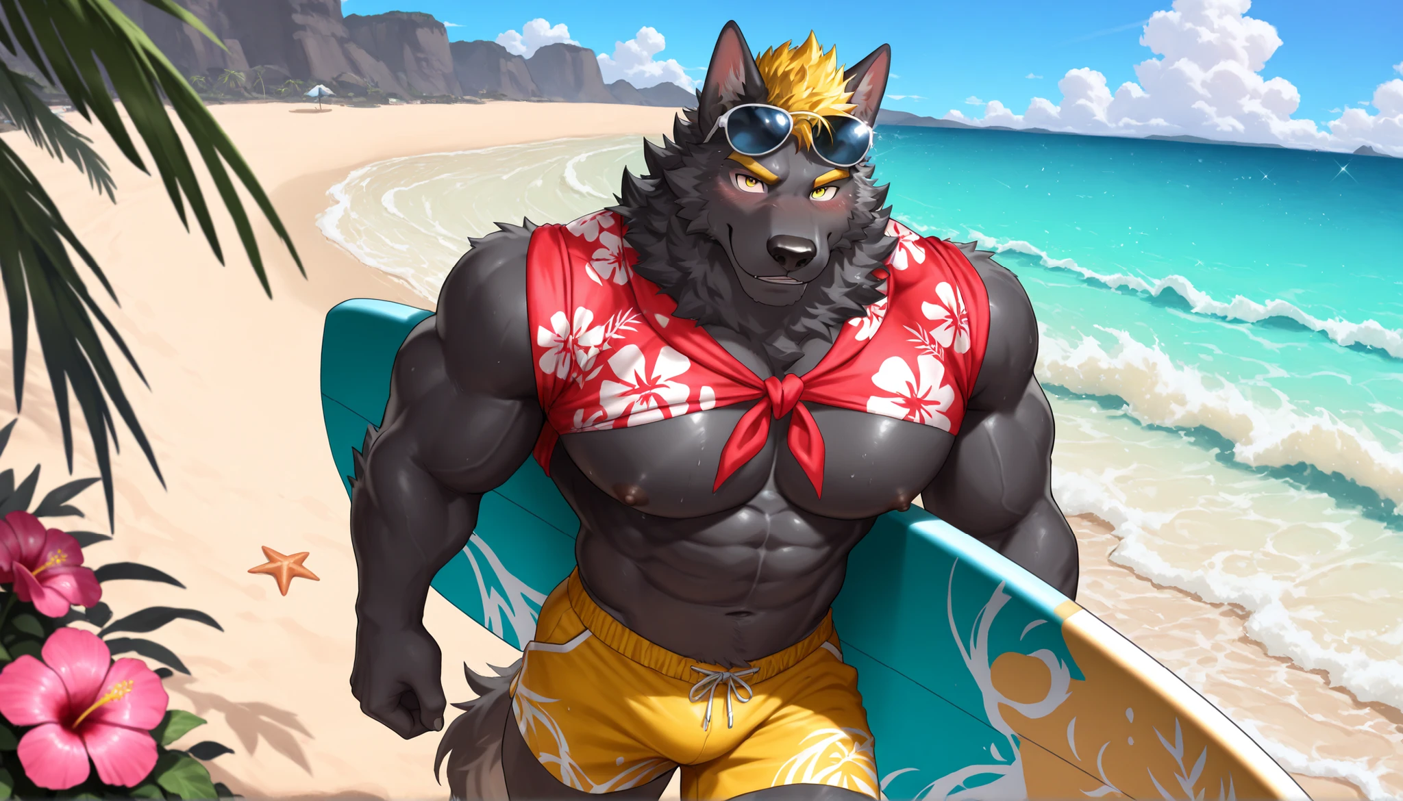 ((cel-shading, portrait, full body, bright beach background, light color palette, global lighting)), 1boy, abs, bara, bare shoulders, (black hair, body hair, copious luxuriant bushy far-reaching black chest hair, bushy black fur all over chest, hairier chest than possible), clothing cutout, cuffs, dark skinned male, thick facial hair, handcuffs, jewelry, large pectorals, (long bushy black sideburnale focus, male, medium hair, slim, muscular, muscular male, navel, pectorals, short hair, sideburns, solo, stomach, stubble, thick thighs, (cyan tight capris), thighs, tight, watch, (wolf, pubes,c hair, happy-trail, treasure-trail, copious luxuriant bushy far-reaching black nether-hair, very hairy snatch, widing strip), well defined eyes, bold black irises, big eyes