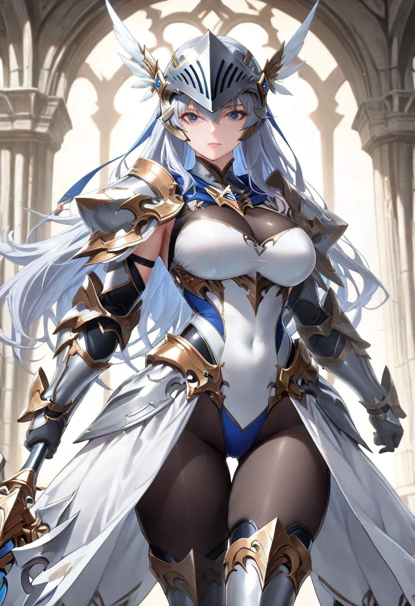 ((highest quality)), ((masterpiece)), ((hyperrealistic)), (detailed background), 1girl, ((curvy: 1.2)), perfect face, Langrisser, ((lamé lamé blue leotard: 1.5)), ((catsuit)), ((black paladin armor: 1.3)), ((long skirt)), (cloak de cour), gauntlet, gloves, belt, silver straight hair, ahoge, parted bangs, (huge breasts), (see-through cleavage cutout), (pantyhose thigh), (zettai ryouiki armored thigh high boots), beautiful eyes, Perfect hands, perfect fingers,