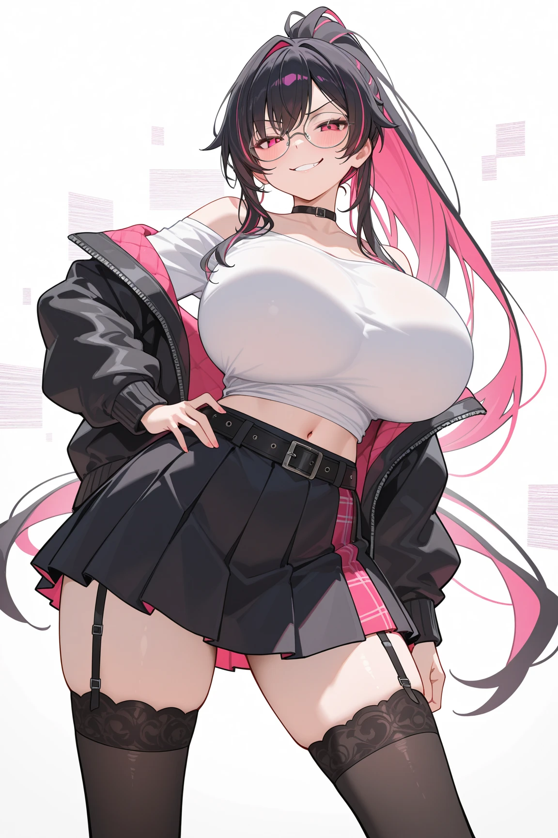 (masterpiece1.5),hyper quality, Hyper Detailed,Perfect drawing,NFSW,3D Photography、16K illustrations、((clearface))、Hi-Res、adult lady,Cartoon image of lace girl sexy art, ,Huge breasts,Solo,(((braid))), Long hair,( half-opened mouth), ((Red Frame Glasses))),Bare arms, Bare shoulders, Black hair, ((large eyes with double eyelids)),lofty nose,(Thick lip),(Black theme:1.4), ((Hip-hop style, Self-coming department):1.4), (Loose and sloppy black wear:1.3), (Oversized black T-shirt with extended hem:1.5), (Exposed T-heme:1.4), ((Long sleeves, baggy sleeves):1.2), (Black and white tartan check pleated skirt:1.1), (thighs with black and pink stripes,:1.3), (Necklace:1.2), (Black t-shirt with pink text:1.2), (Platform High Boots:1.1), (Cross Accessories:1.2),Cowboy Shot, Pink light,Nice backgrounds for your subject、beatiful backgrounds、spot light、Vibrant colors、(((Detailed drawing)))、Perfect Beautiful Girl、(((Perfect Photo)))、is standing,(((Butt sticking out pose)))、(((Panties))), Black hair, Long hair, Looking at View