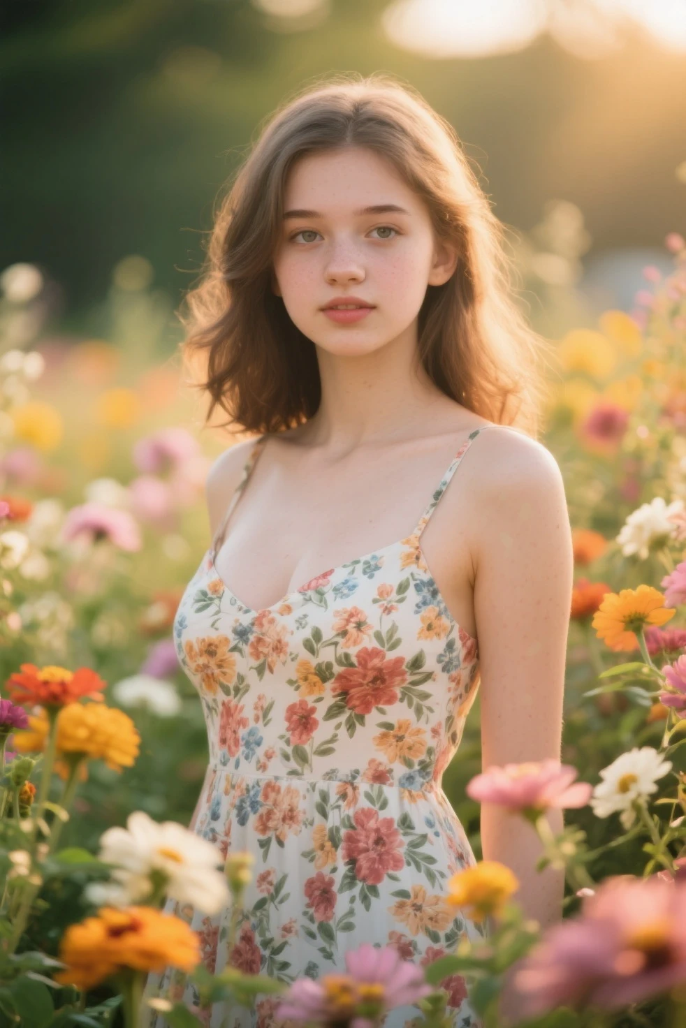 (best quality,realistic:1.2),lovely woman,field of poppy flowers,sheer yellow floral print summer dress,sunset,play,joy,beauty,harmony,portrait,soft lighting,vibrant colors